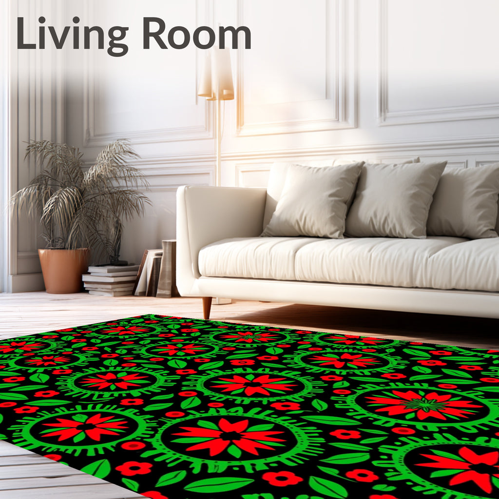 Red Green Floral Sunburst Medallion Rug