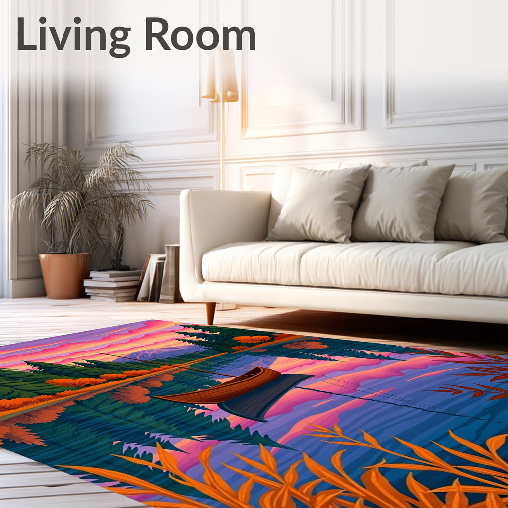 Serene Lake Boat Sunset Forest Reflection Rug