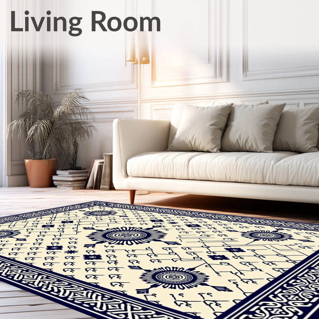 Navy Blue Medallion Geometric Cream Rug