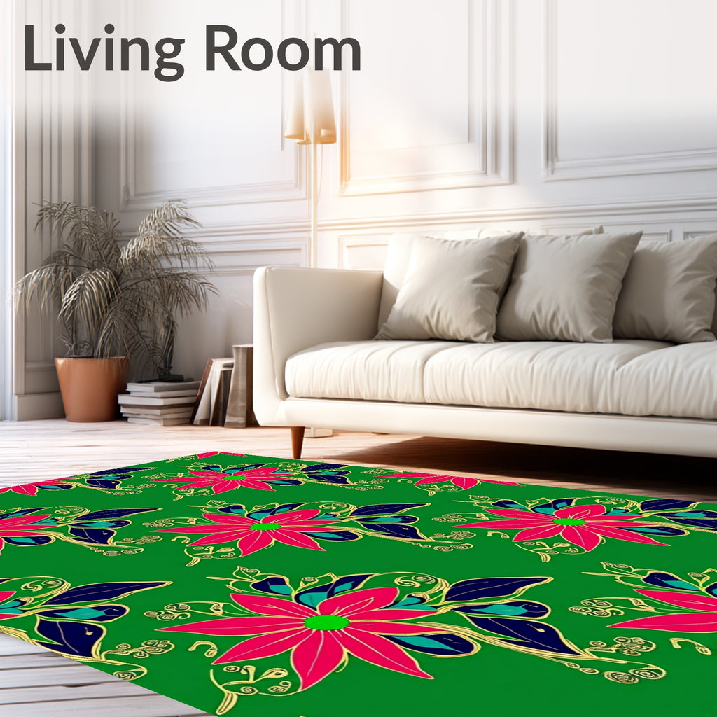 Vibrant Pink Floral Green Background Art Rug