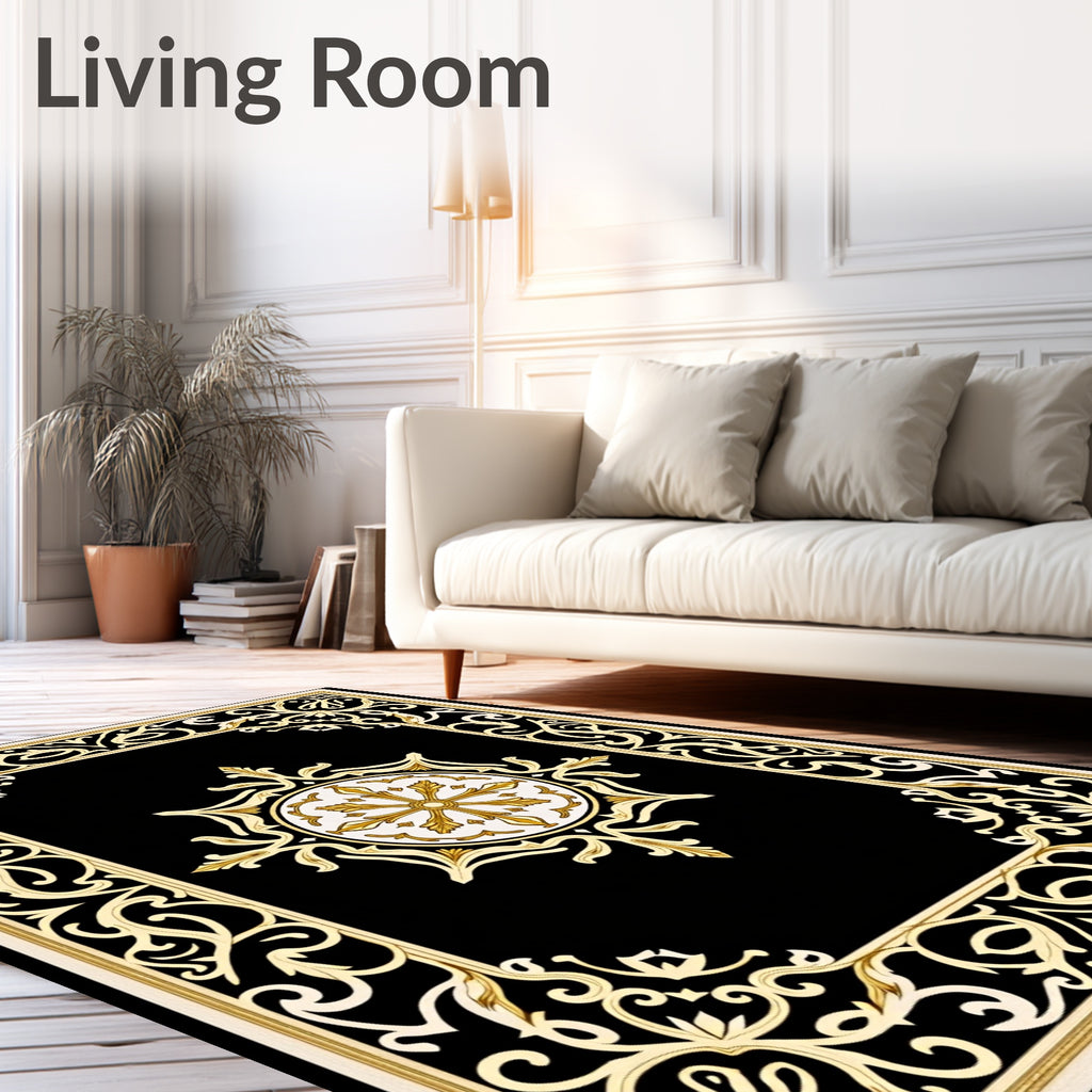 Golden Floral Black Medallion Frame Rug