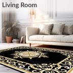 Golden Floral Black Medallion Frame Rug