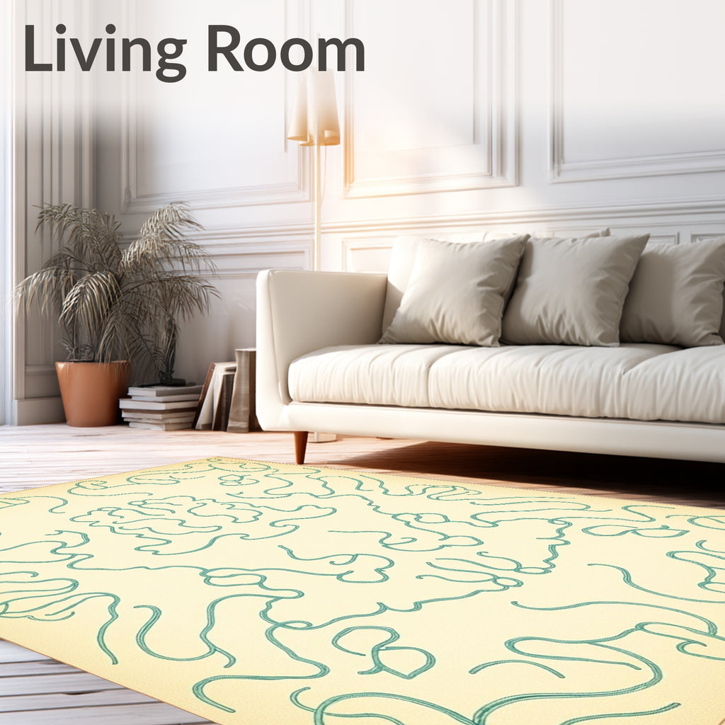 Cream Teal Abstract Organic Loops Rug