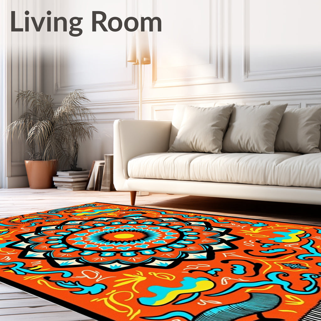 Orange Medallion Sun Turquoise Flames Rug