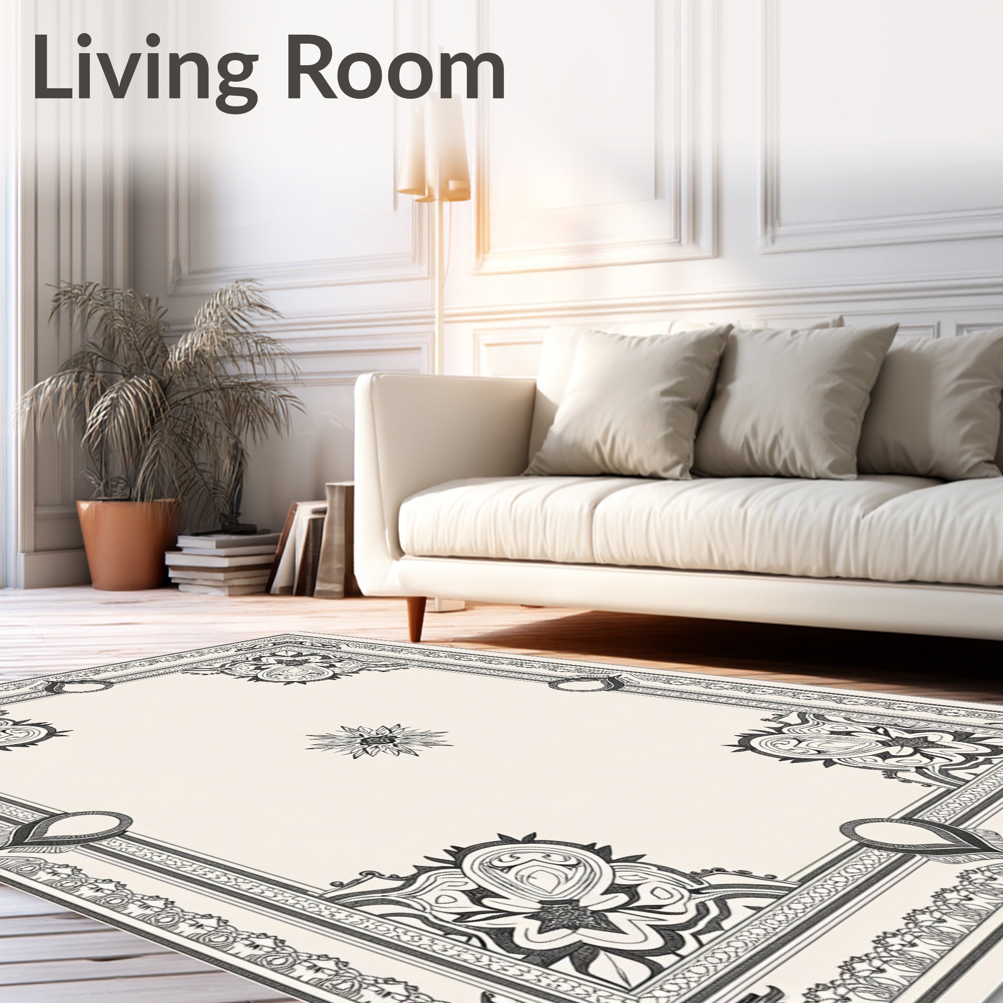 Intricate Black Cream Floral Medallion Border Rug