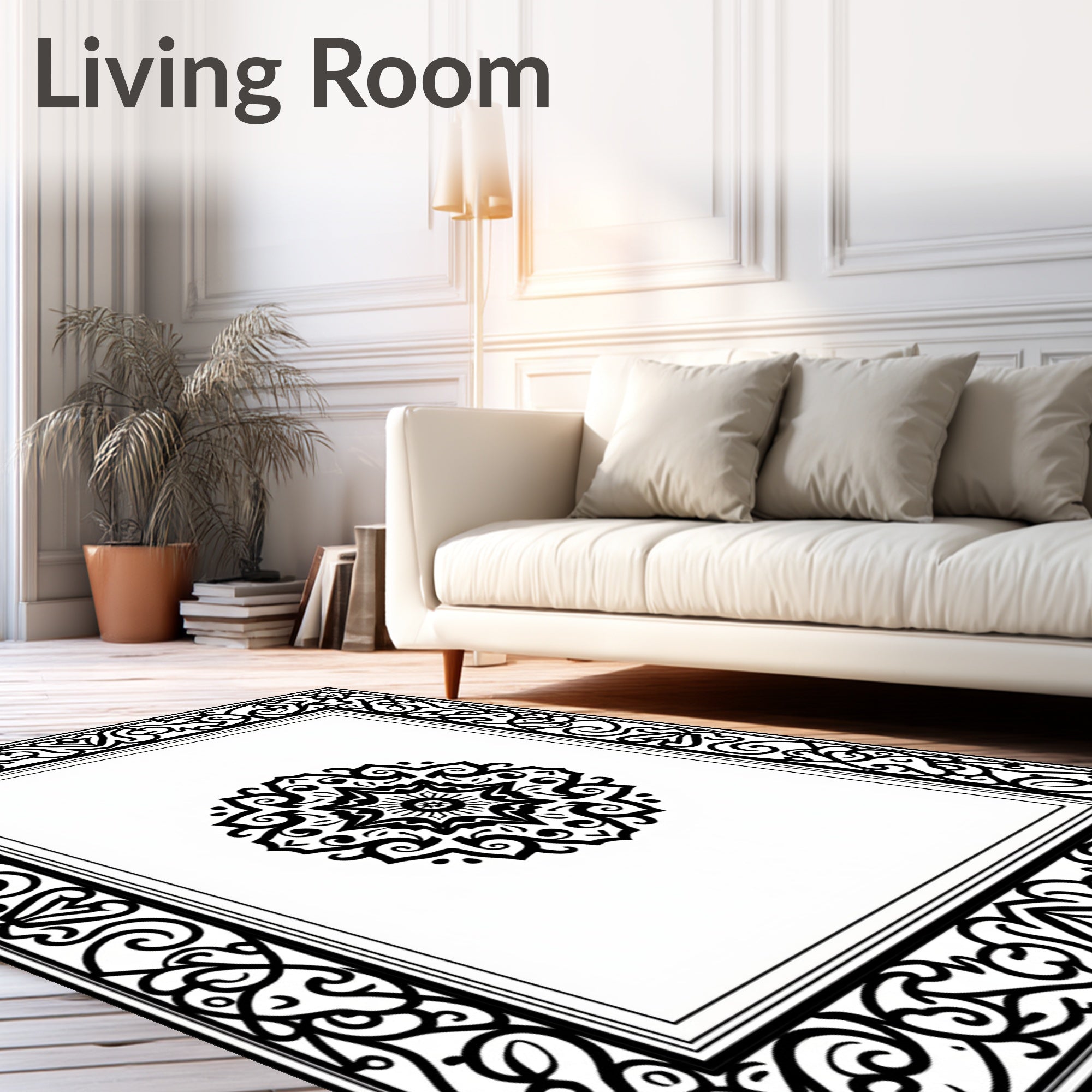 Black Ornamental Mandala Framed Rug