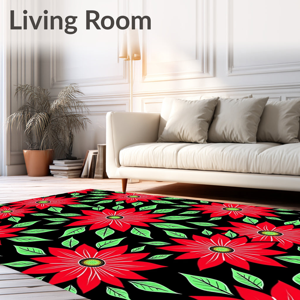 Bold Red Floral Garden Black Ground Rug