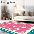 Pink White Reindeer Snowflake Forest Rug