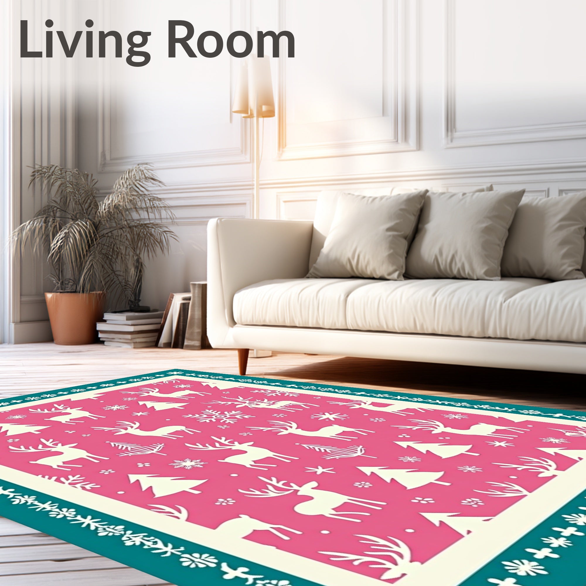 Pink White Reindeer Snowflake Forest Rug