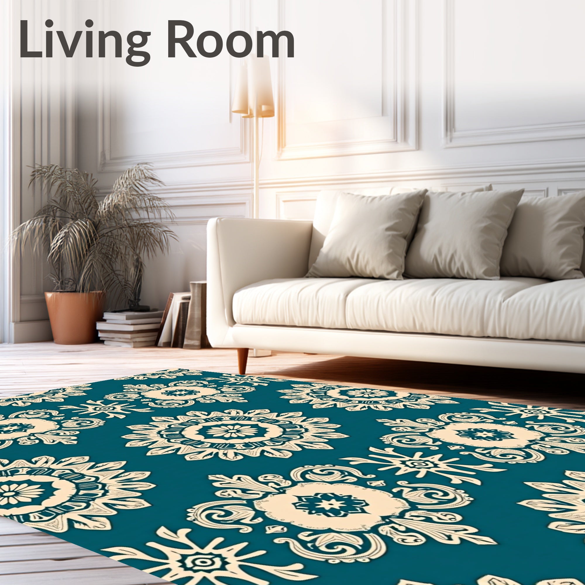 Teal Cream Floral Mandala Repeat Rug