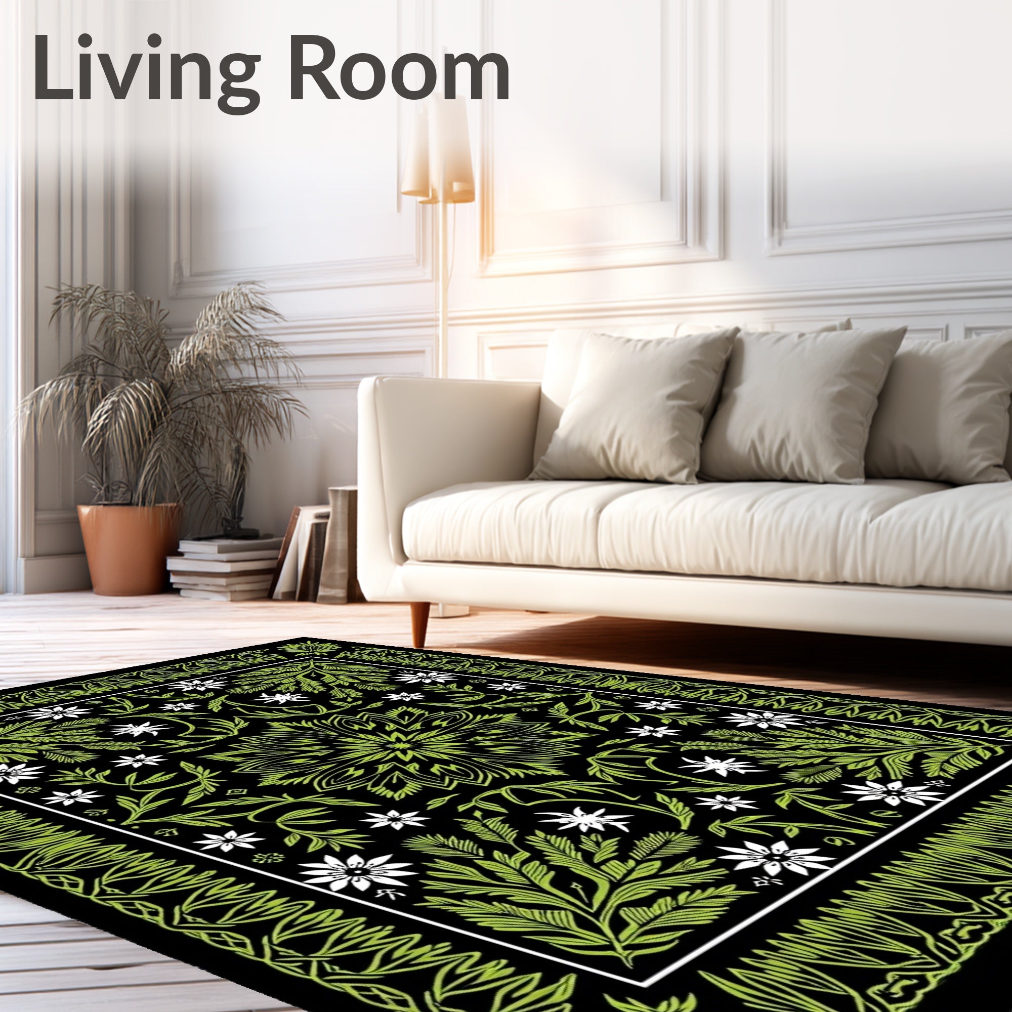 Lush Green White Floral Medallion Rug