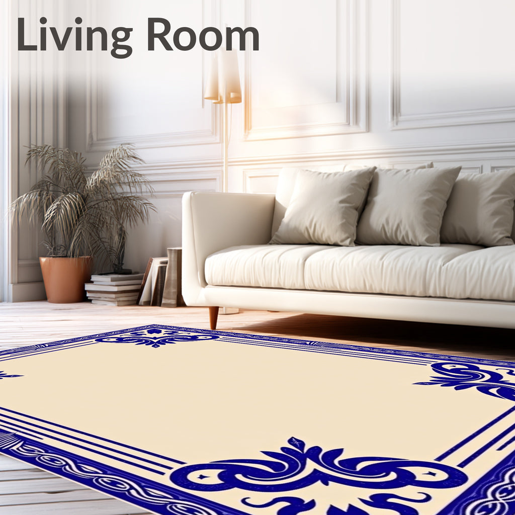 Deep Blue Elegant Scroll Border Rug
