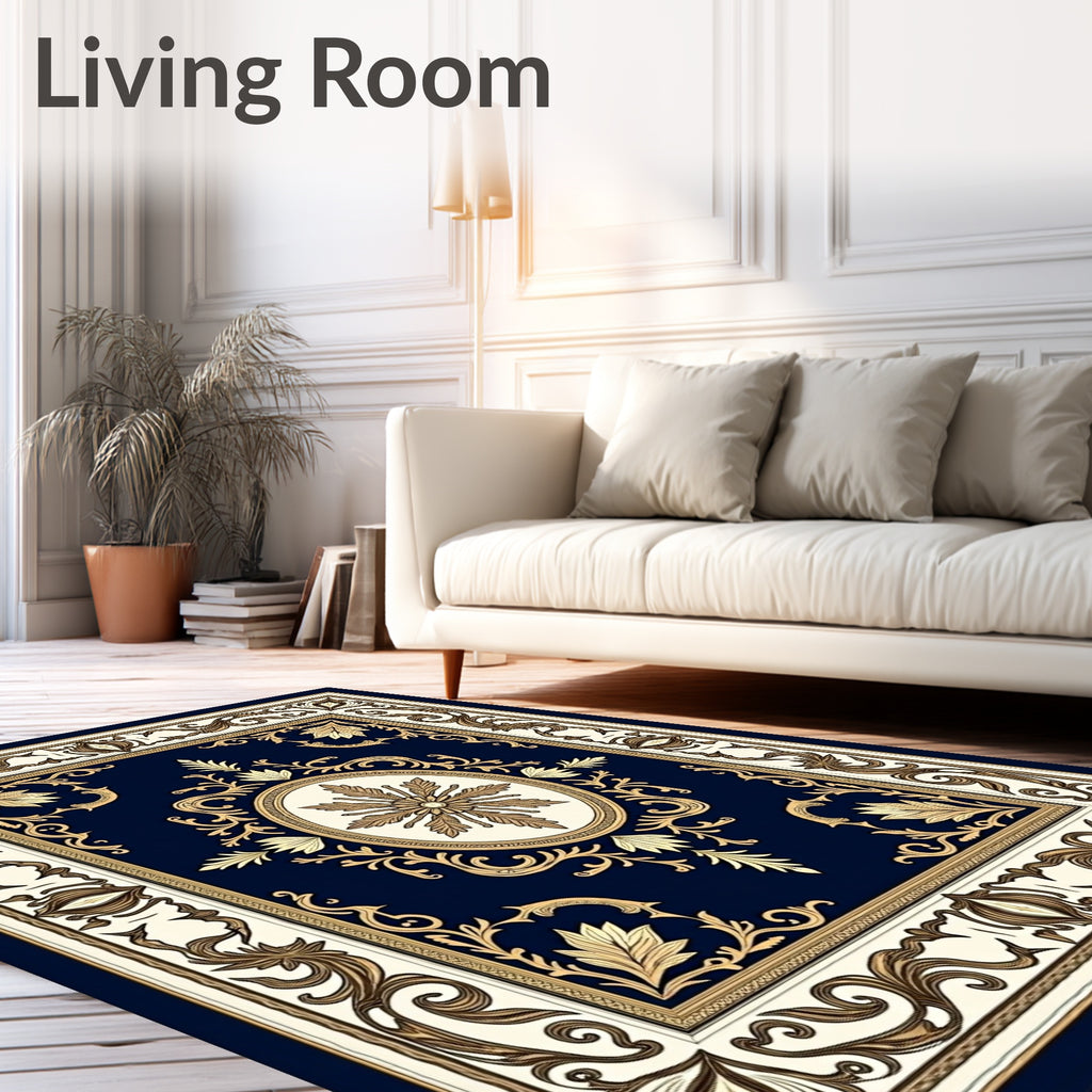 Classic Navy Gold Floral Medallion Rug