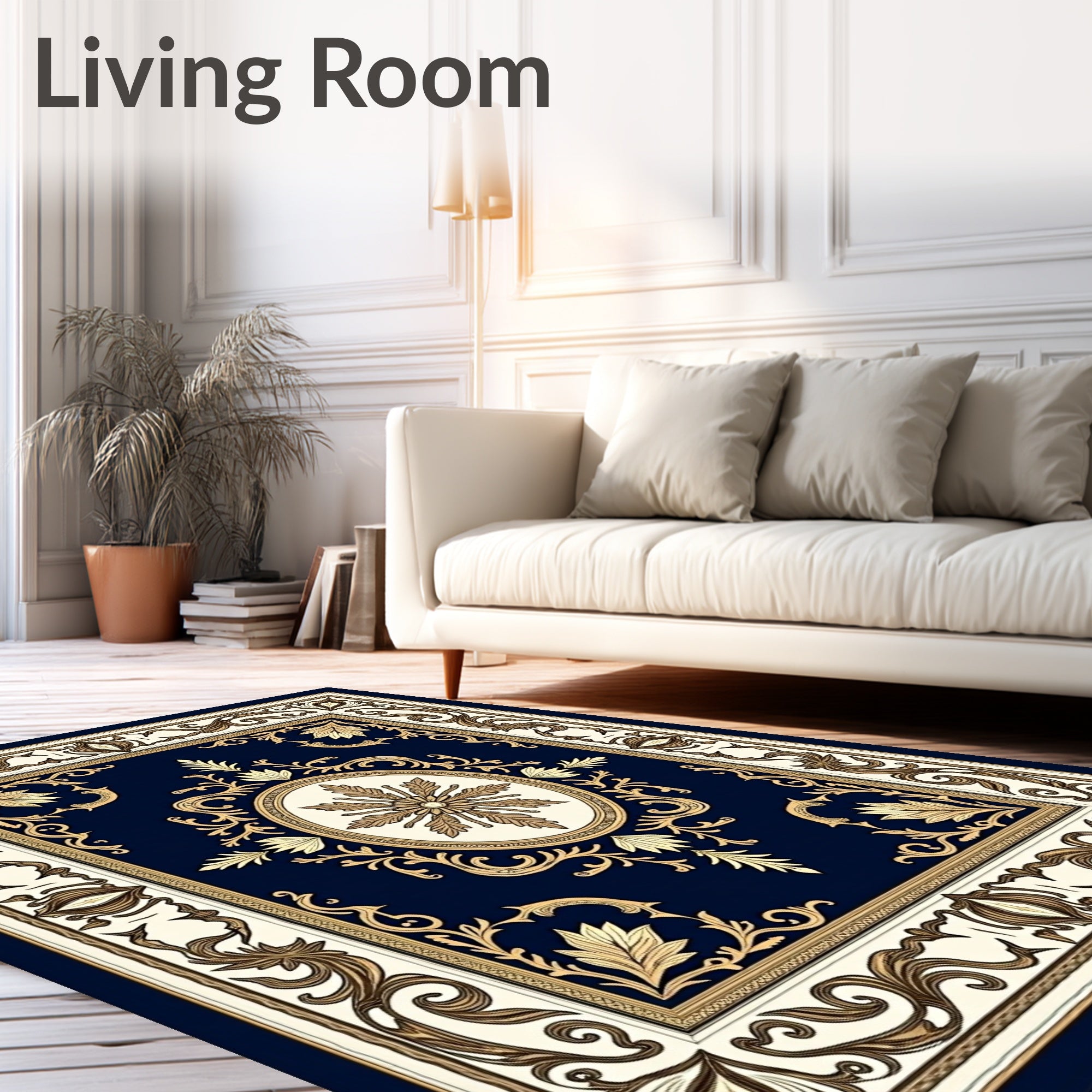 Classic Navy Gold Floral Medallion Rug