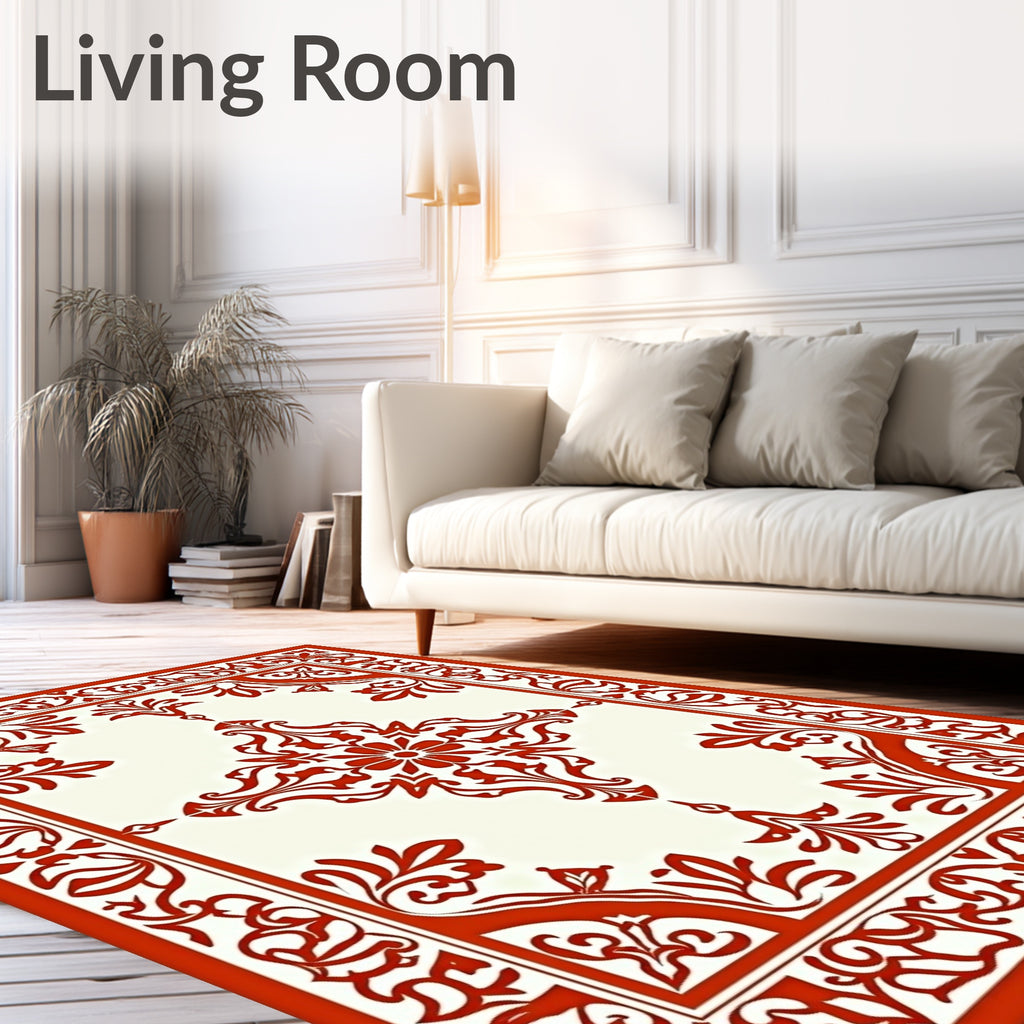 Ornate Red Scrollwork Center Square Rug