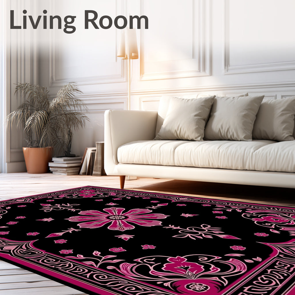 Deep Pink Floral Black Medallion Rug