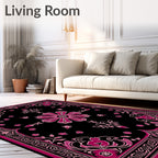 Deep Pink Floral Black Medallion Rug