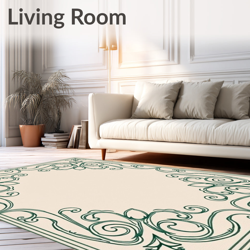 Vintage Green Ornate Scroll Work Rug