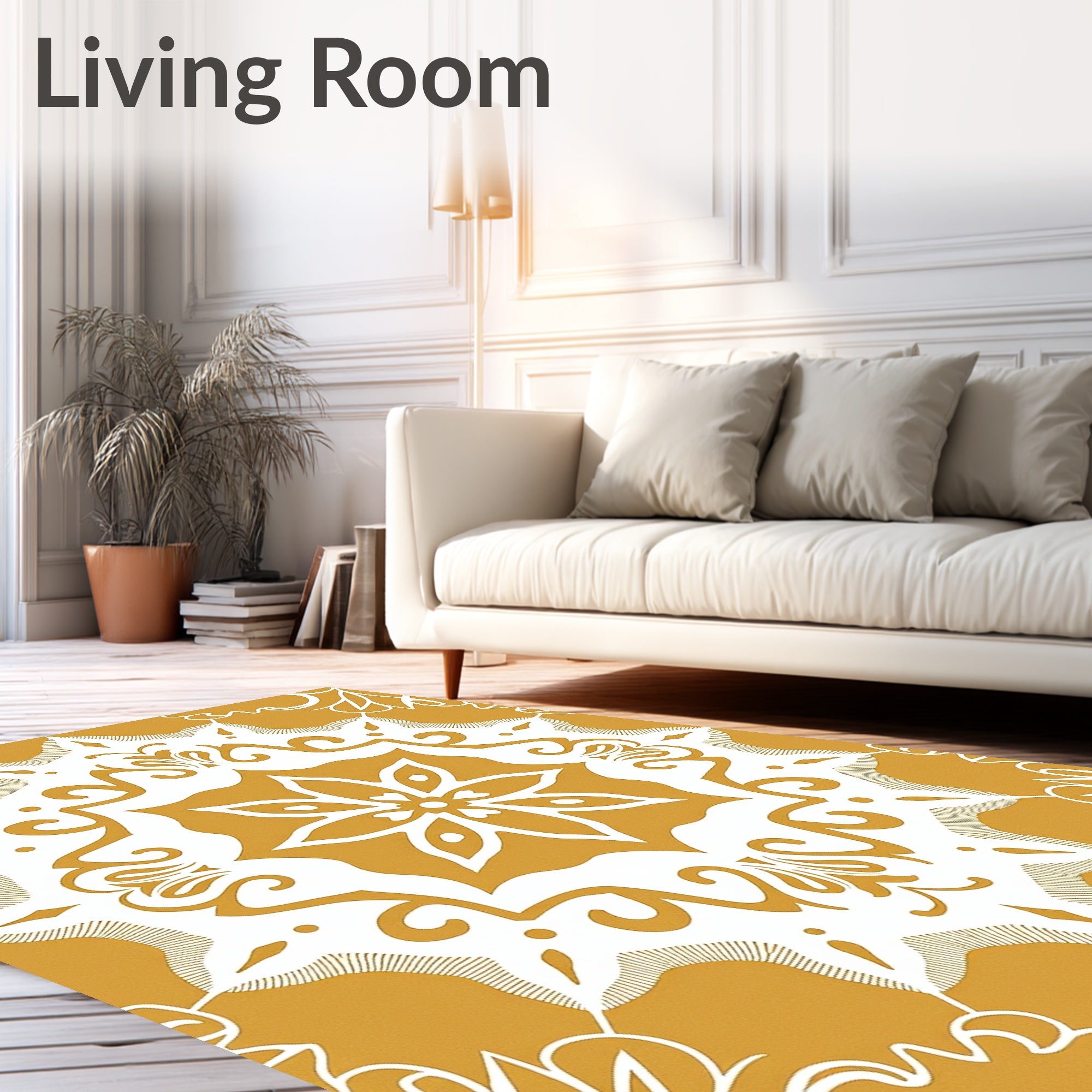 Golden Ochre Floral Medallion Swirl Rug