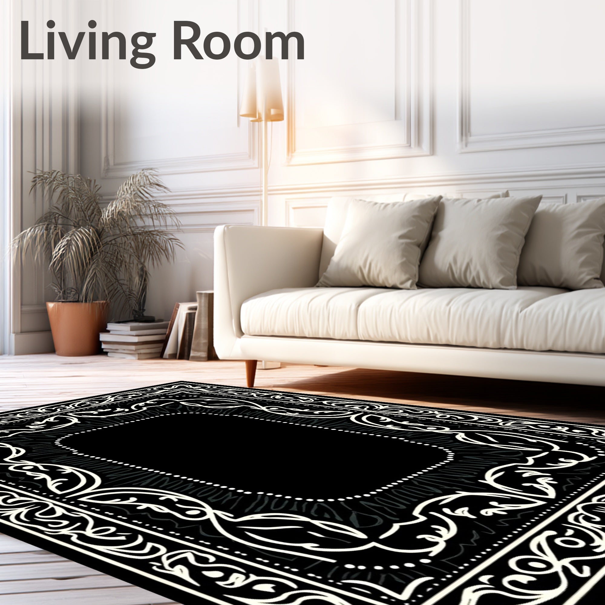 Monochromatic Intricate Floral Scroll Frame Rug
