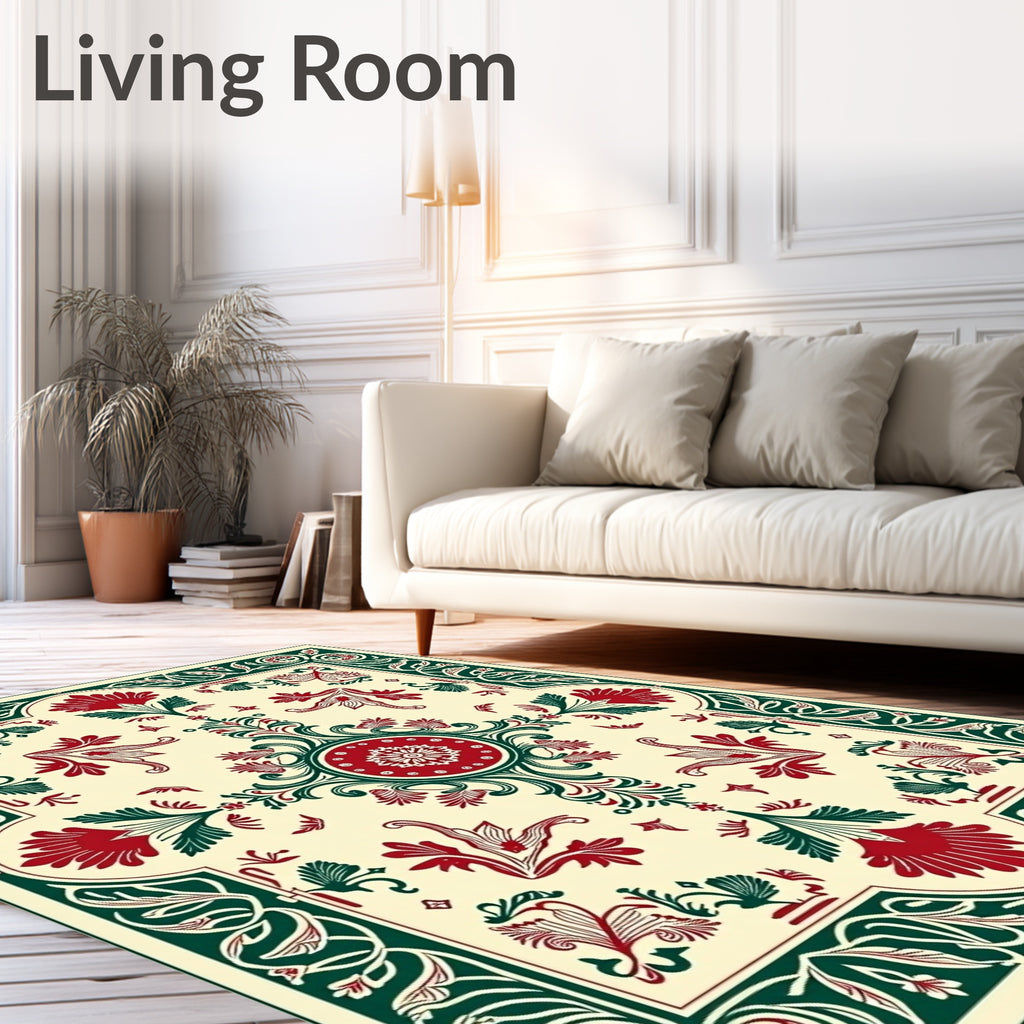 Crimson Green Floral Scrollwork Medallion Rug