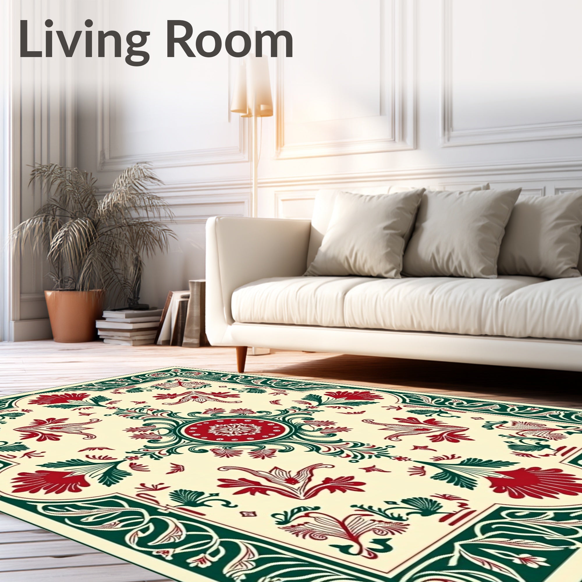 Crimson Green Floral Scrollwork Medallion Rug