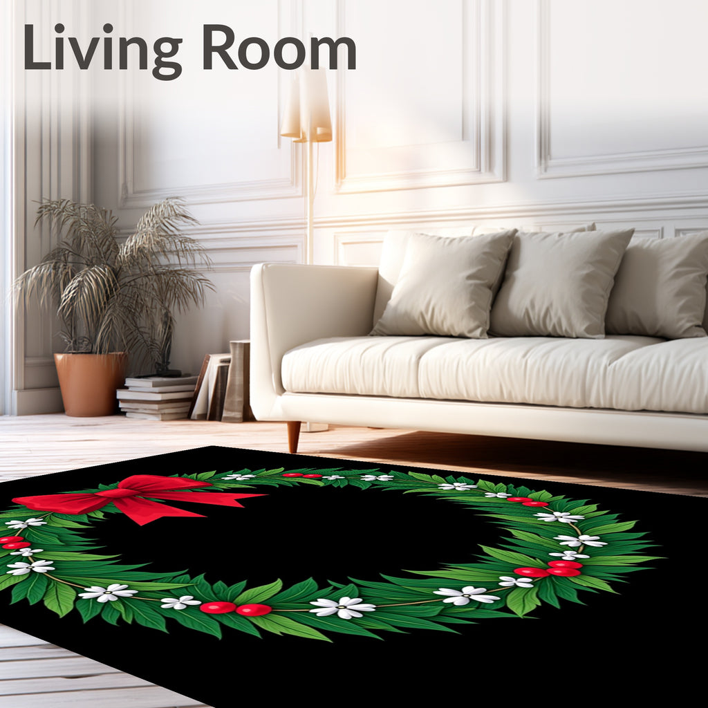 Festive Red Bow Green Leaf Wreath Rug