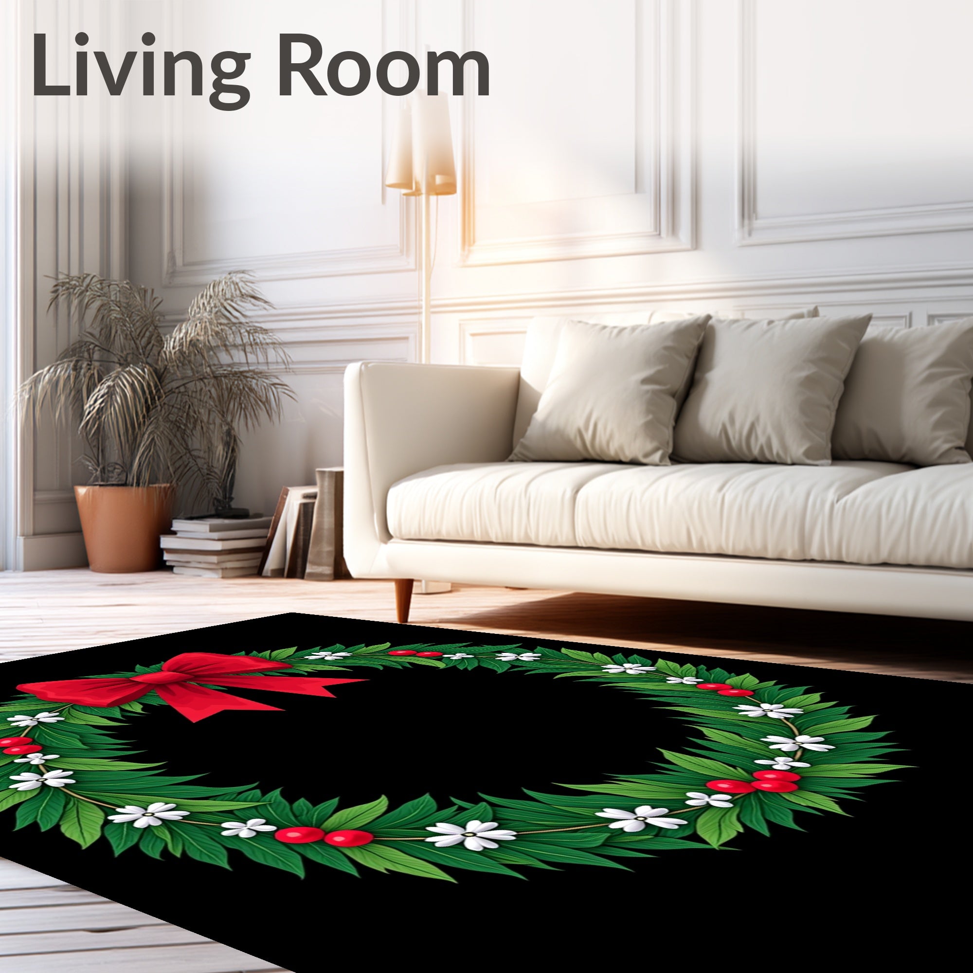 Festive Red Bow Green Leaf Wreath Rug