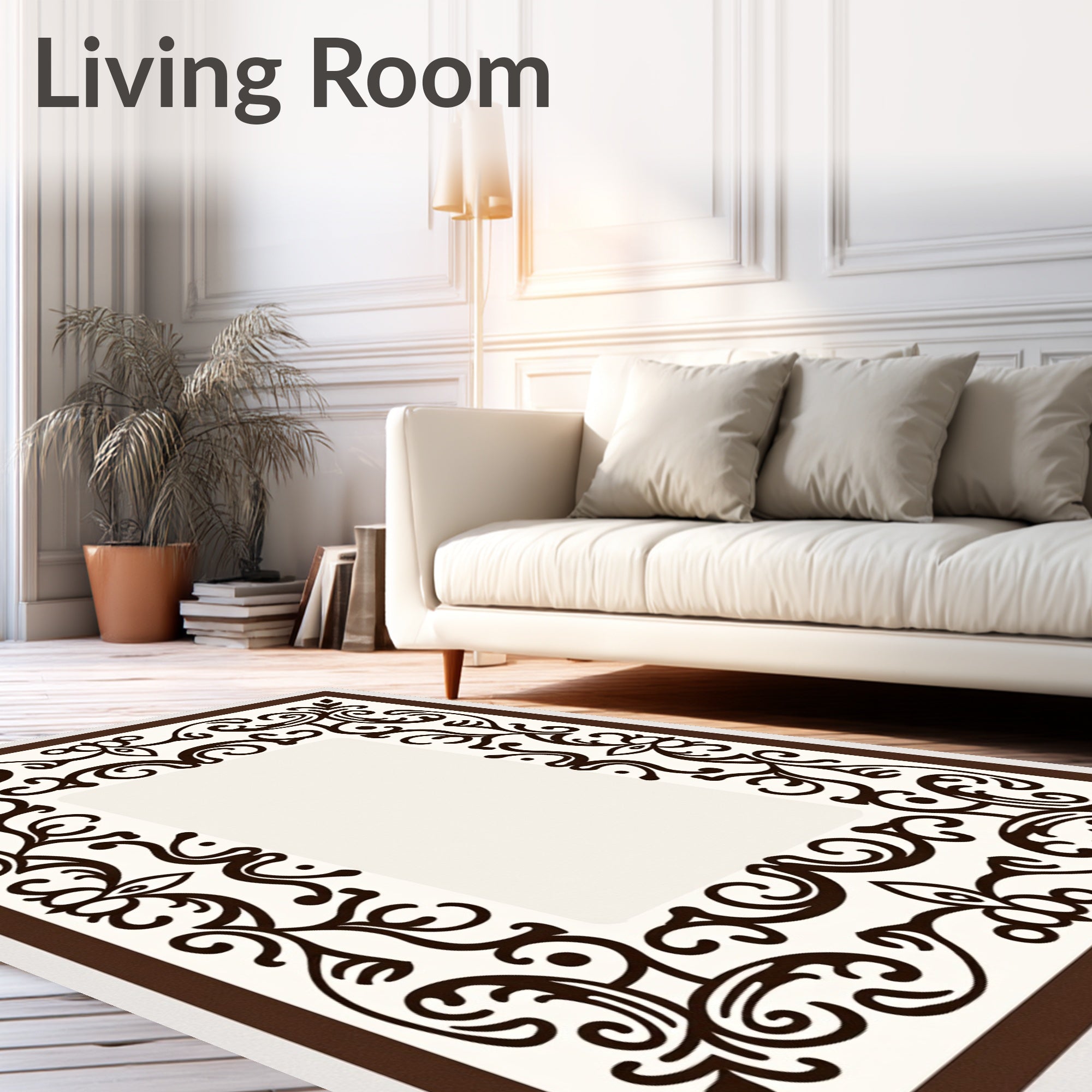 Dark Brown Flourish Scroll Lace Border Rug