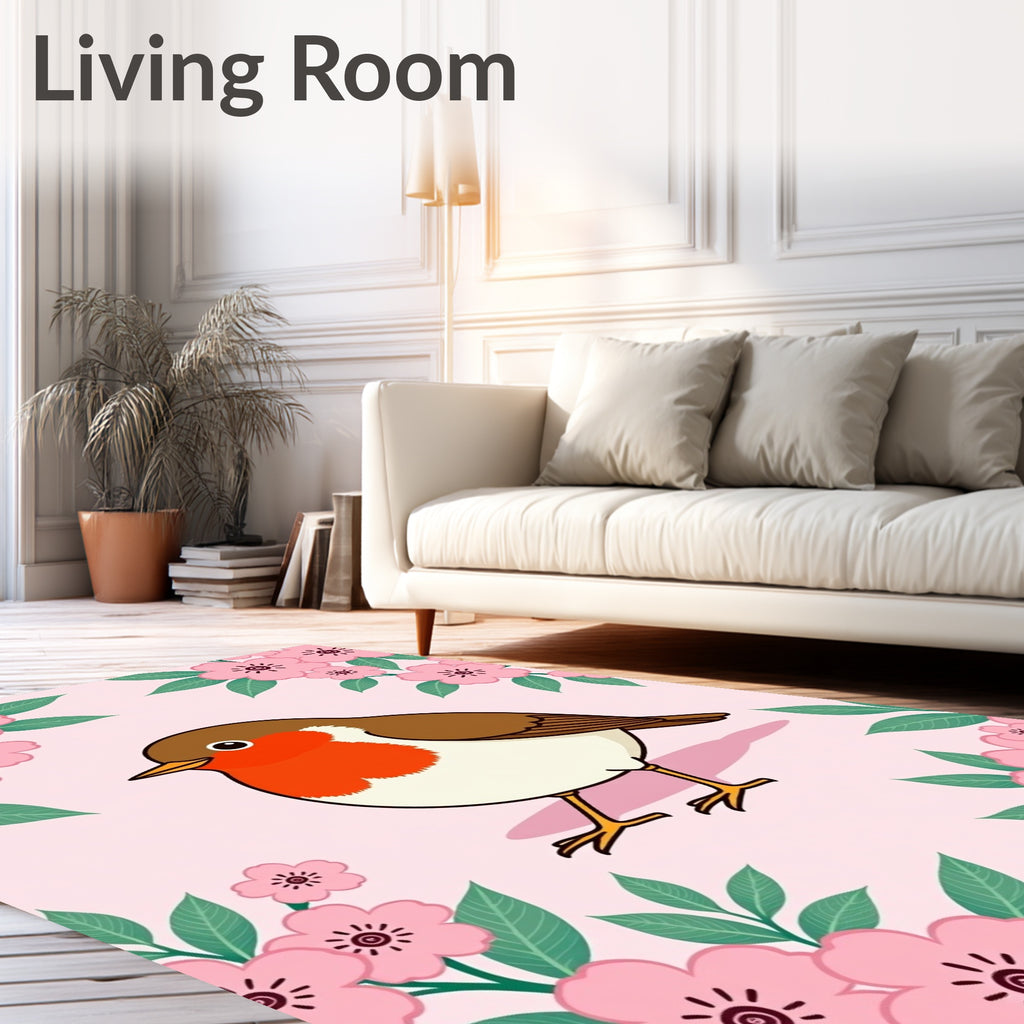 Robin With Pink Cherry Blossom Garden Rug