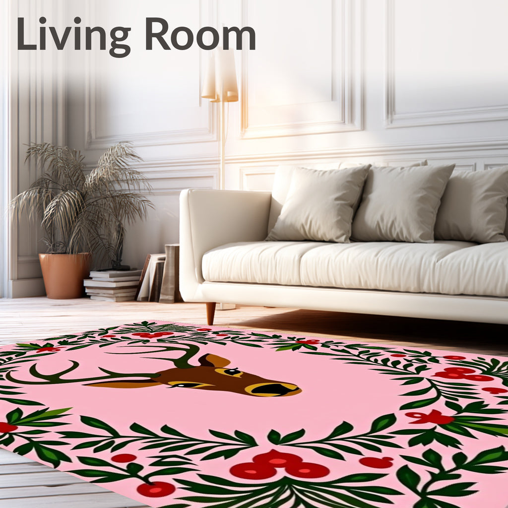 Pink Deer Floral Border Rug