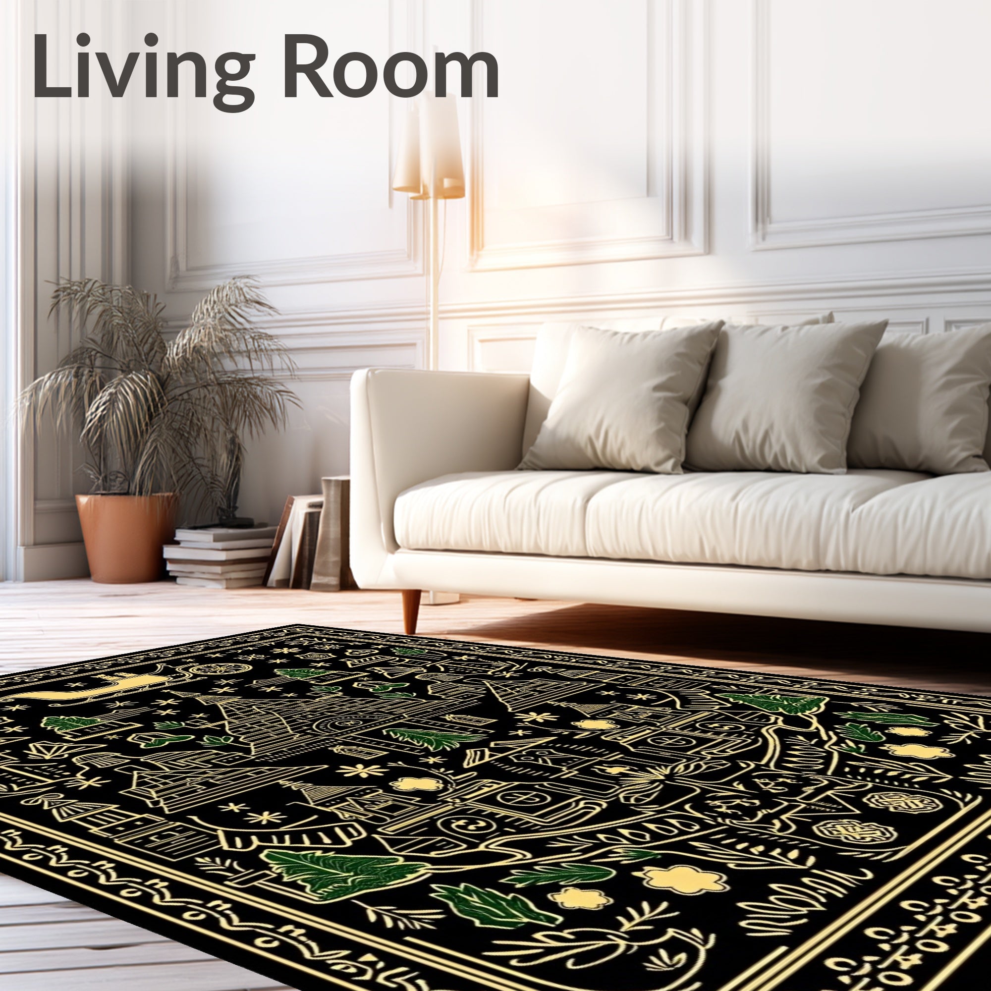 Vintage Black Gold Village Sleigh Rug