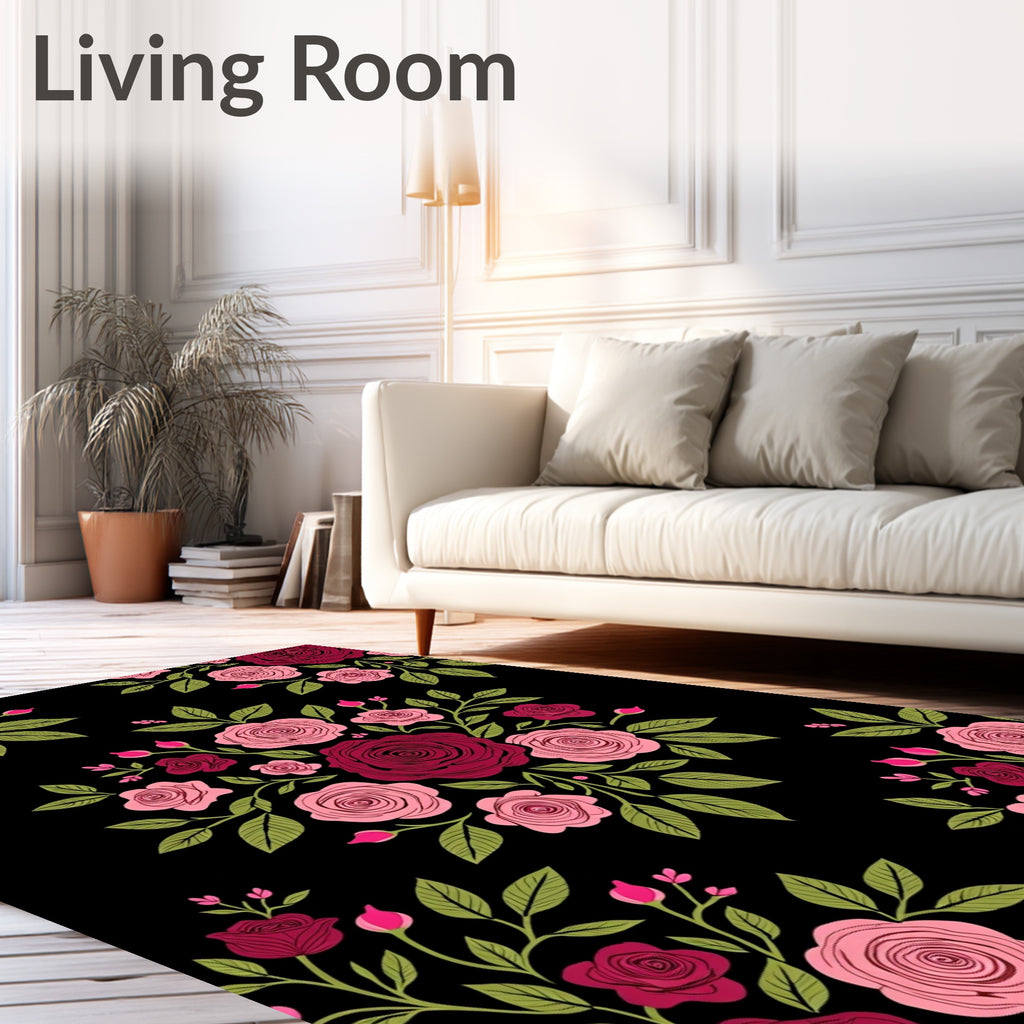 Burgundy Pink Rose Garland Black Rug