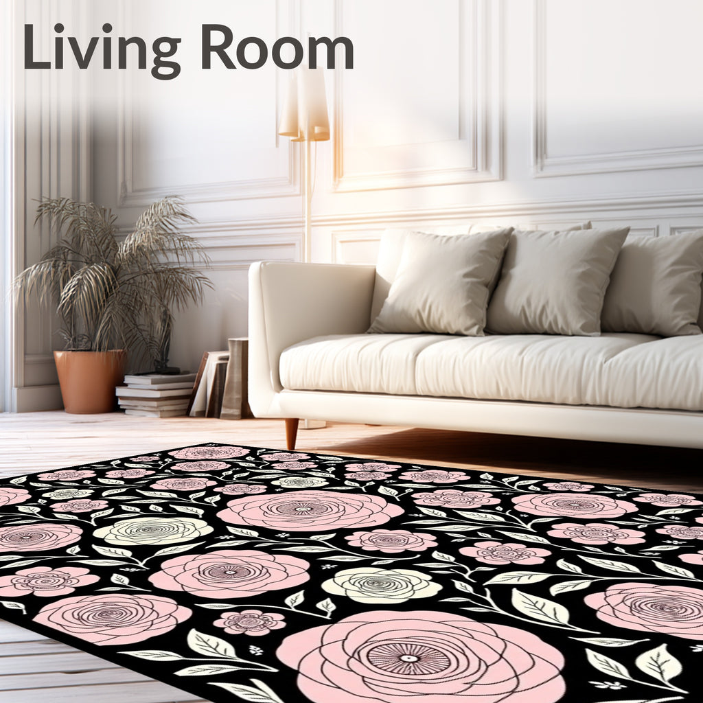 Pink White Rose Garden Black Rug