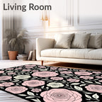 Pink White Rose Garden Black Rug
