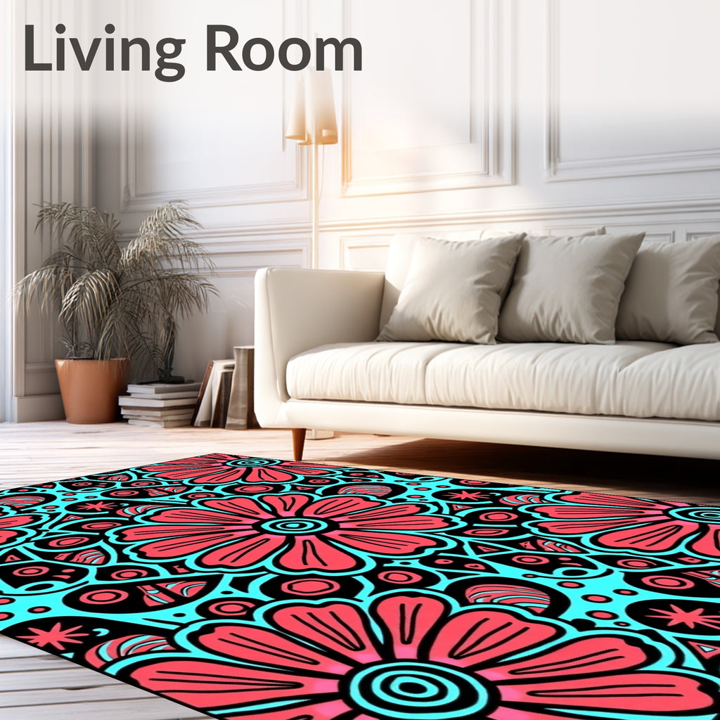 Coral Crimson Aqua Floral Burst Rug