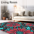 Coral Crimson Aqua Floral Burst Rug