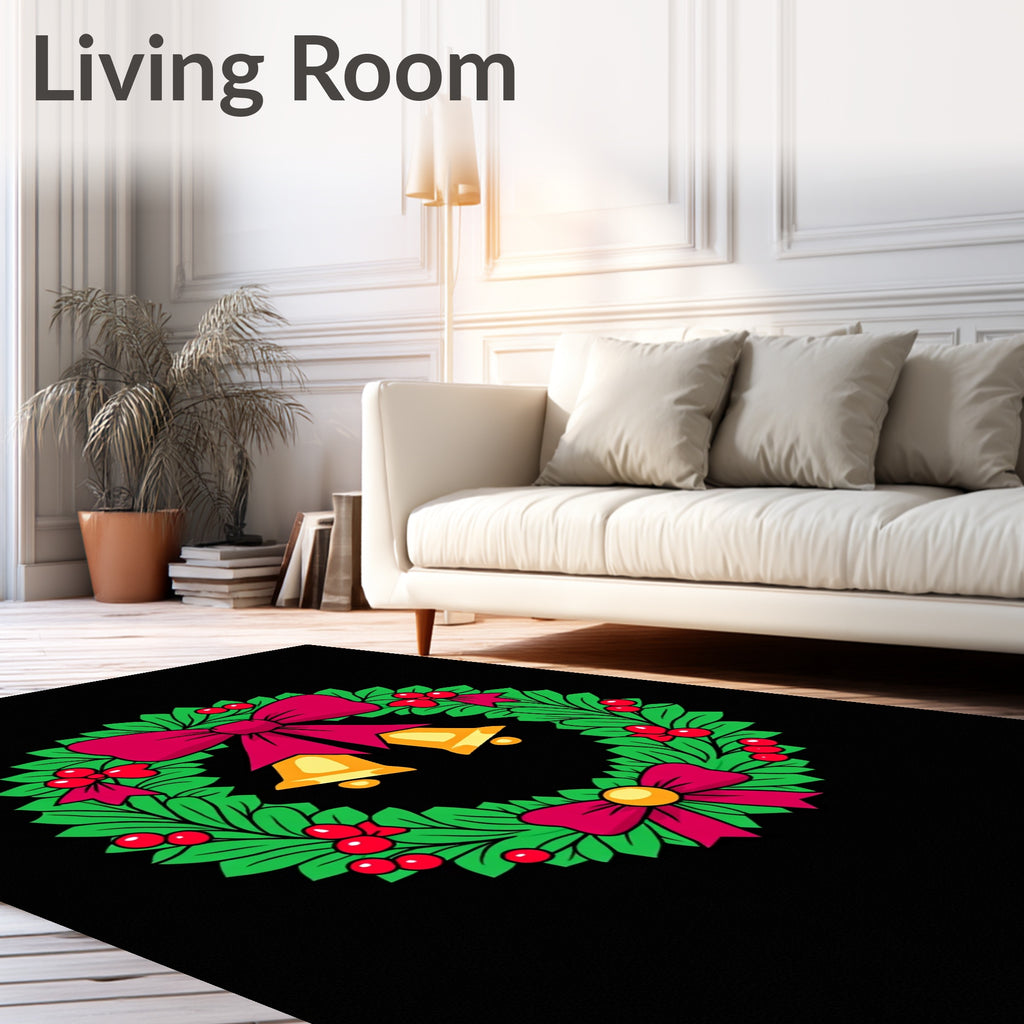 Festive Green Wreath Red Bow Bells Rug