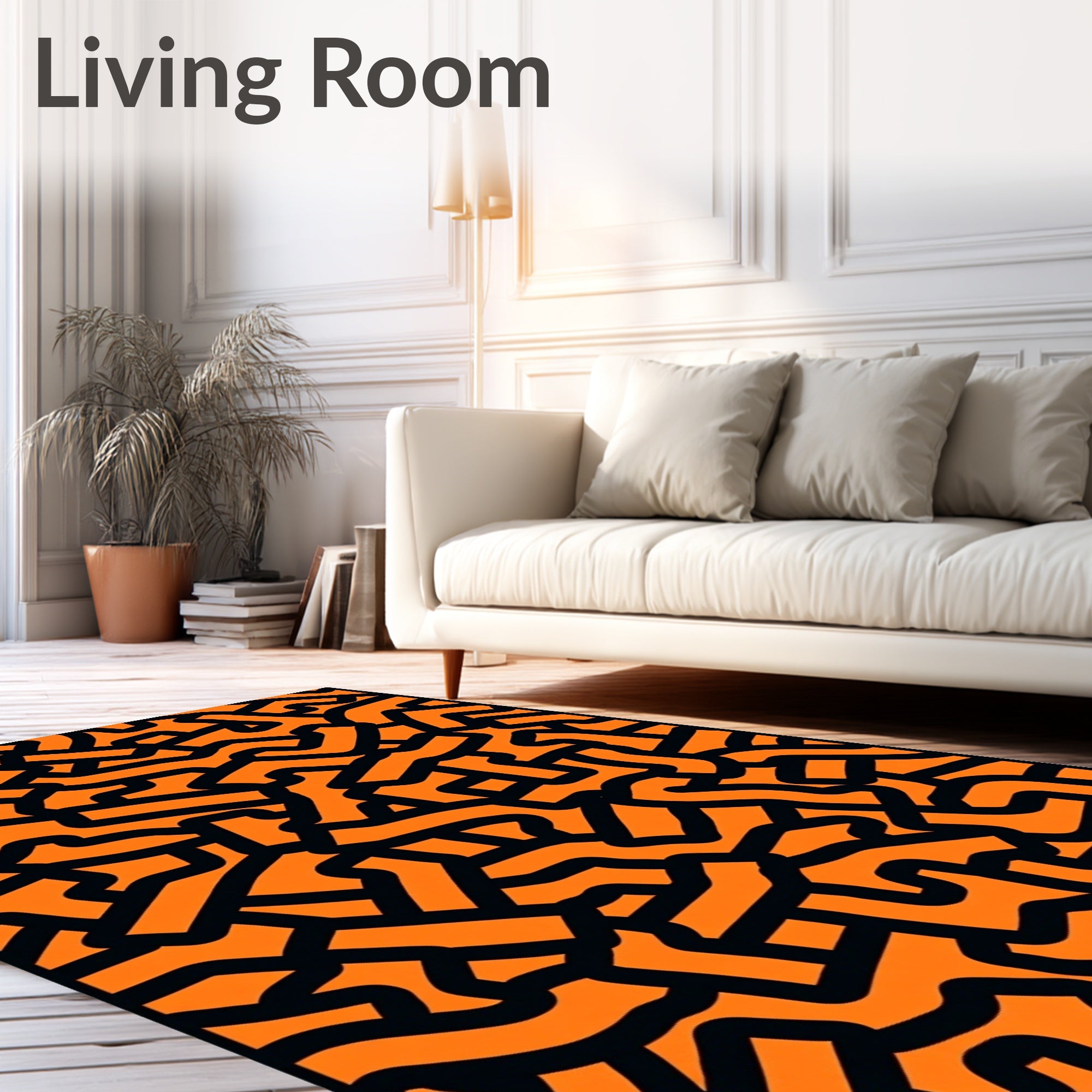 Bold Orange Black Abstract Maze Rug
