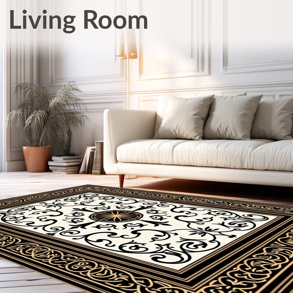 Ornate Black Golden Scrollwork Medallion Rug