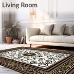 Ornate Black Golden Scrollwork Medallion Rug