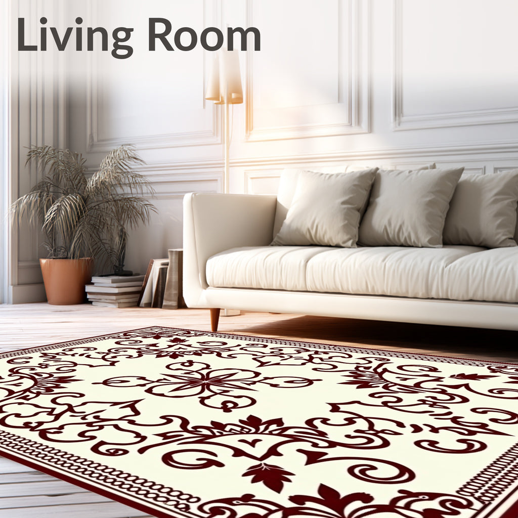 Dark Red Floral Scroll Border Rug