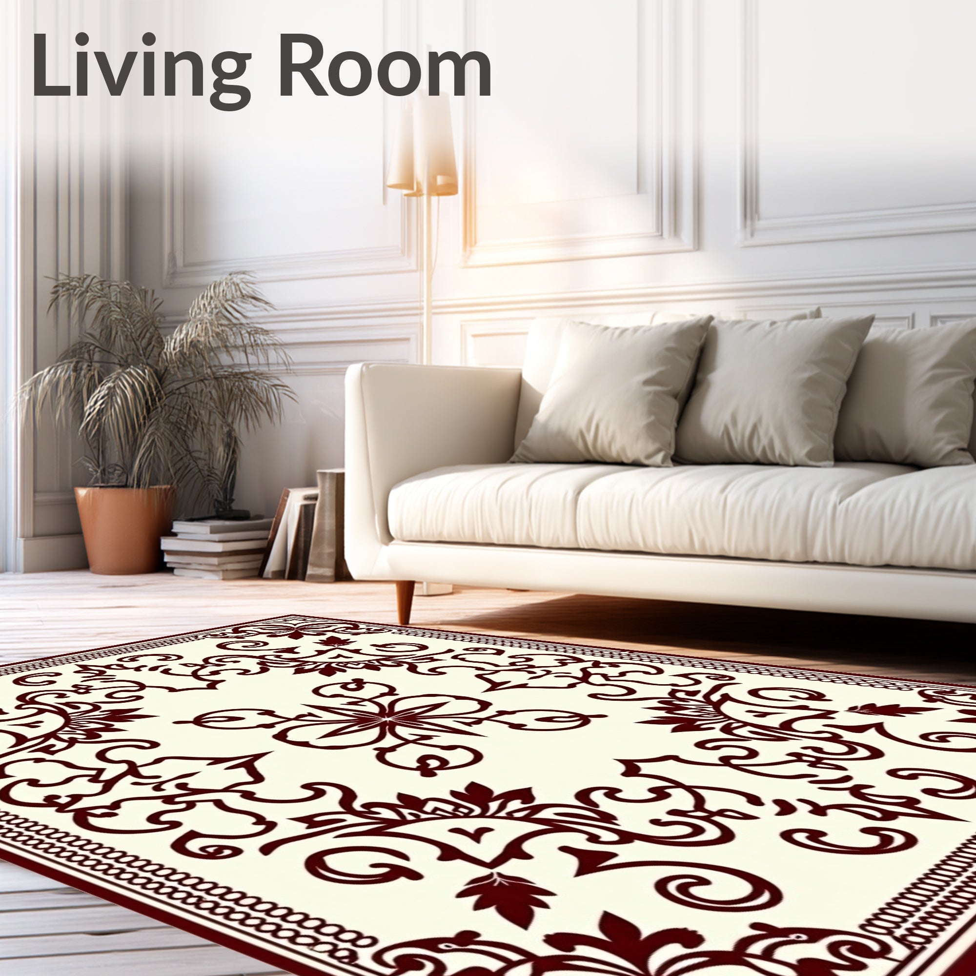 Dark Red Floral Scroll Border Rug