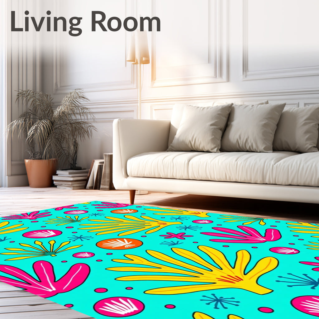 Bright Yellow Pink Abstract Foliage Rug