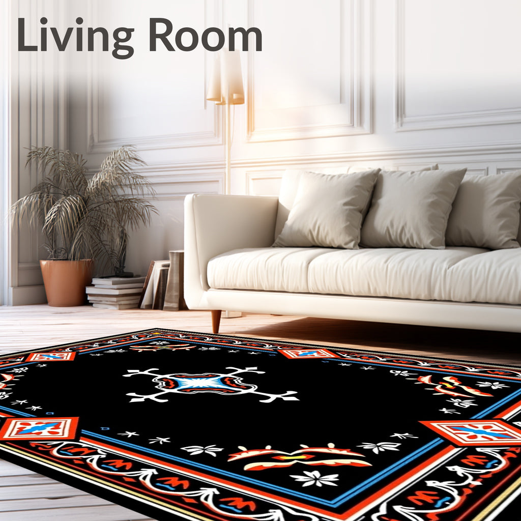 Bold Black Red White Geometric Medallion Rug