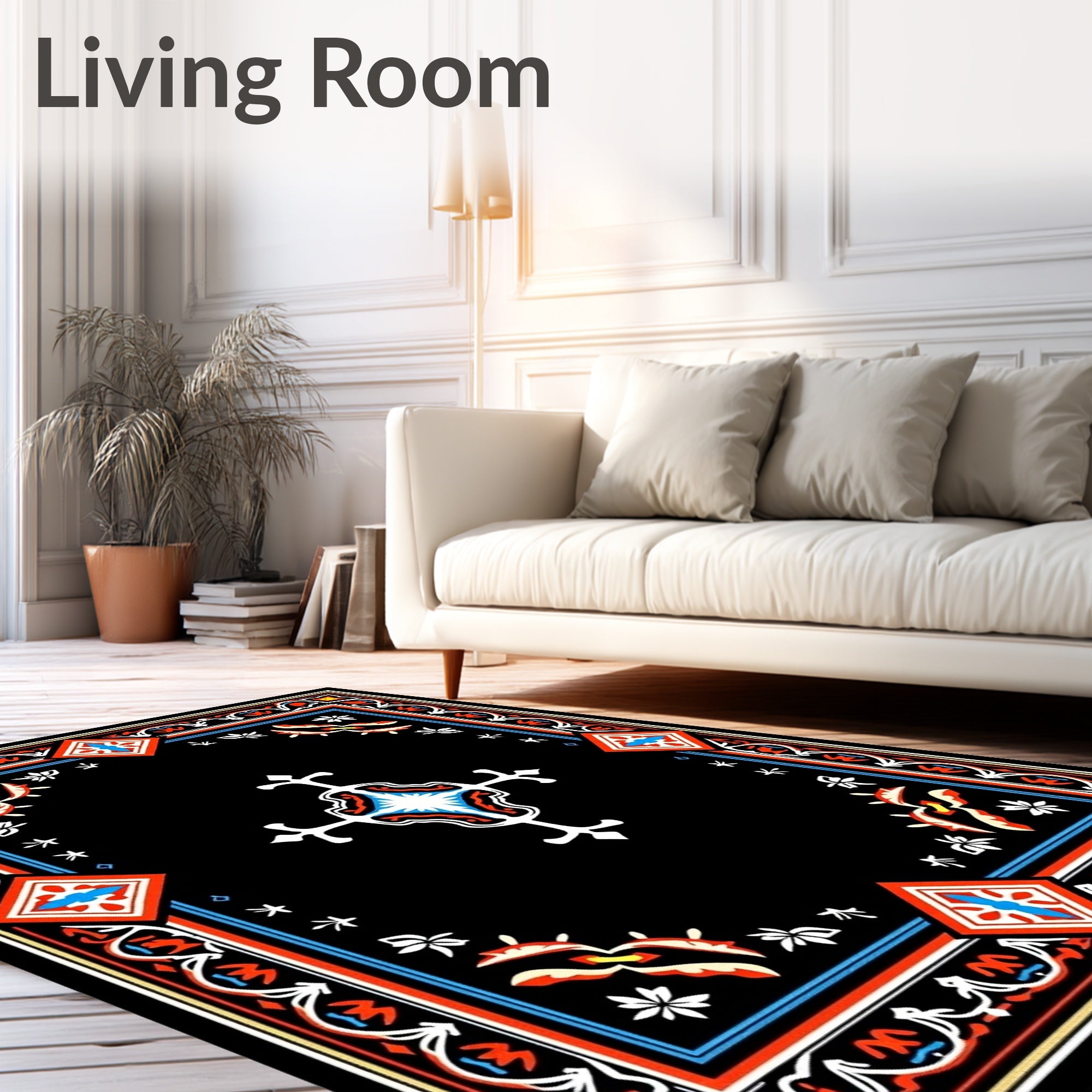 Bold Black Red White Geometric Medallion Rug