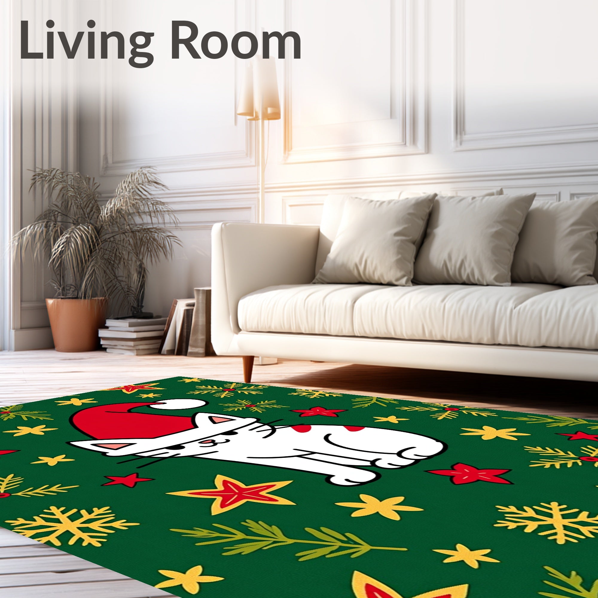 Holiday Cat Green Snowflake Star Accents Rug
