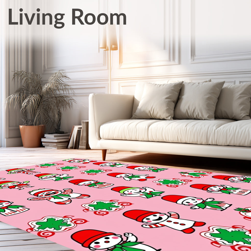 Festive Elf Candy Cane Characters Pink Background Rug
