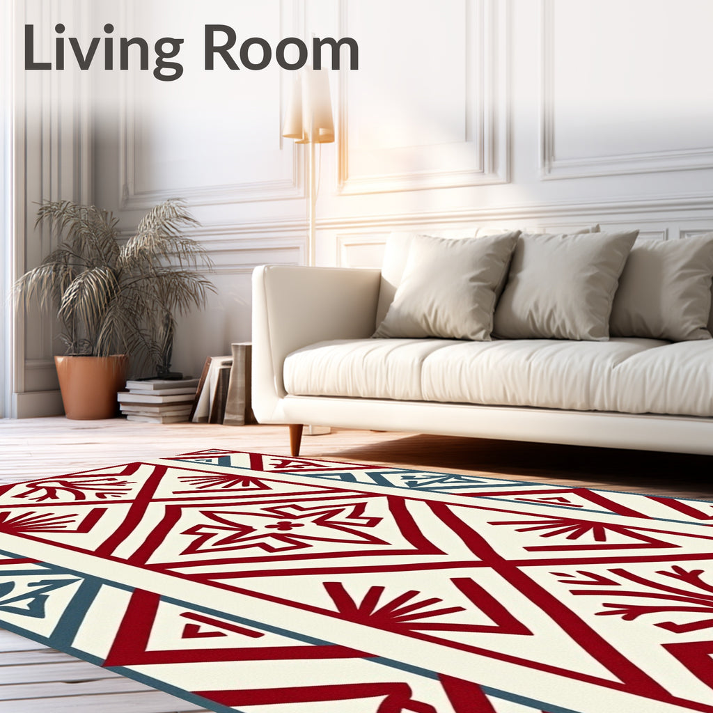 Crimson Teal Diamond Geometric Folk Art Rug