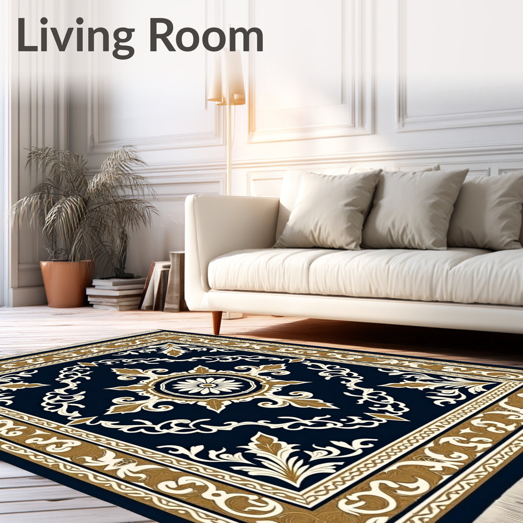 Dark Blue Floral Scroll Medallion Rug